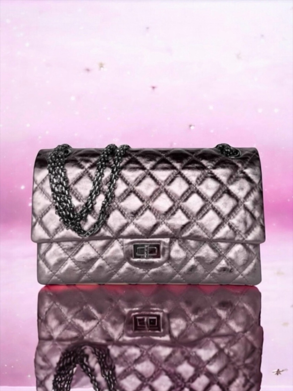 💕CHANEL Reissue 2.55 Metallic Pink Aged Calfskin Double Flap Gunmetal Ruthenium